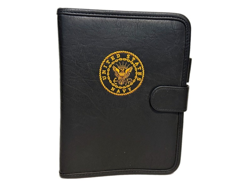 United States Navy 3 Ring Planner Black Leather Gold Stitched Logo Organizer
