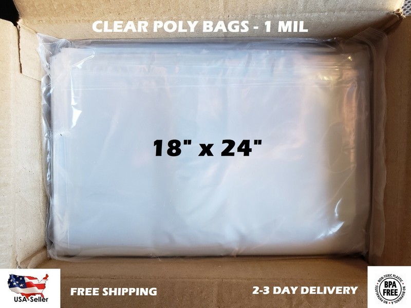 18×24″ Clear Poly Bags Flat Open Top 1-Mil ml LDPE Plastic T-Shirt 100 200 1000