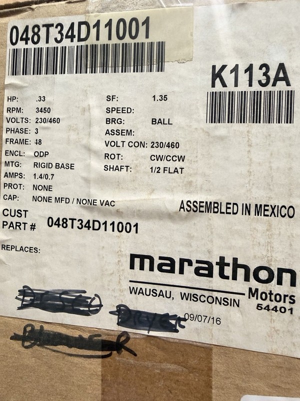 Marathon K113A Electric Motor 1/3hp, 3600rpm, DP, 48F, 3/60/230/460V gallery
