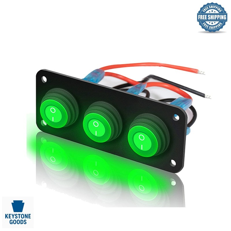 Waterproof 3-Gang Toggle Switch Panel with Green LED for Auto & Marine Vehicles