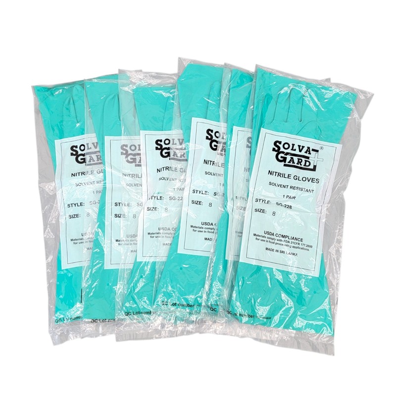 6 Pairs Solvent Resistant Nitrile Gloves Sz 8 SG-228 Unlined Straight Cuff Green