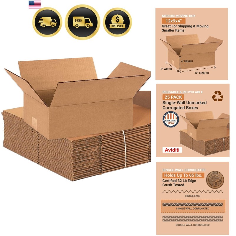 Shipping Boxes Medium 12″L x 9″W x 4″H 25-Pack – Corrugated Cardboard Box for…