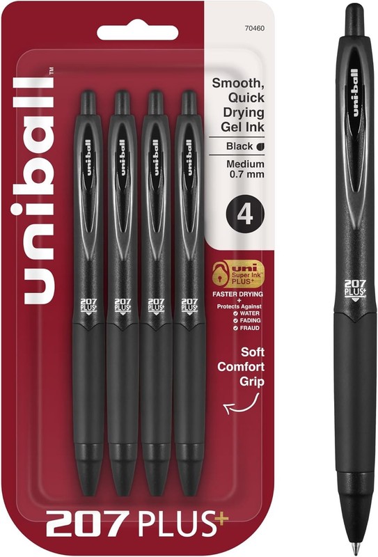 uniball 207 Plus+ Retractable Gel Pens, Medium 1 Count (Pack of 4), Black