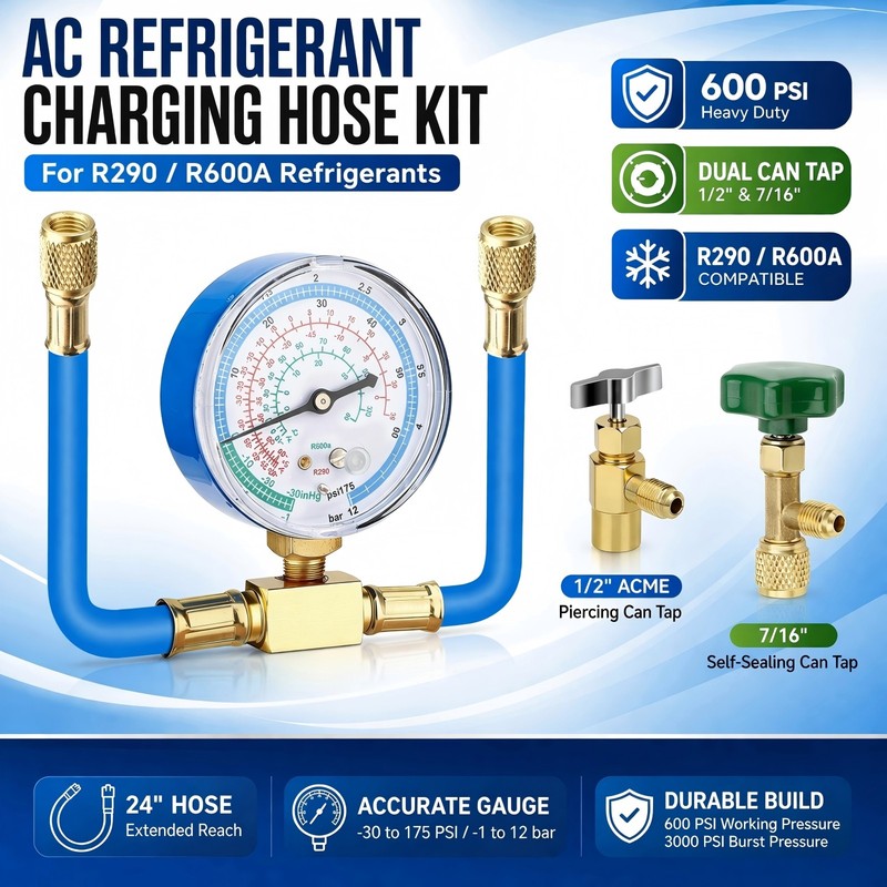 R290 R600A Refrigerant Charging Manifold Hose Kit AC Recharge w/ Gauge & Can Tap