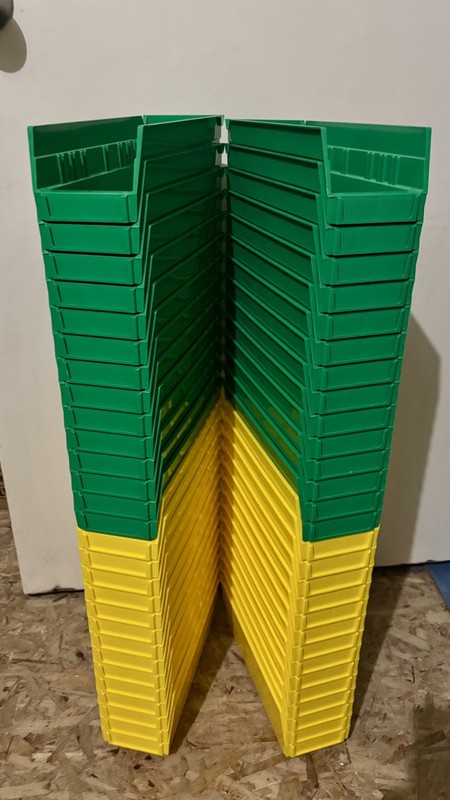 LOT OF (15) ULINE S-13396 Stackable Shelf Bins GREEN OR YELLOW 12x4x4