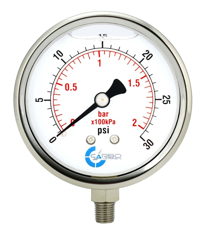 4″ Pressure Gauge, Stainless Steel Case, Liquid Filled, Lower Mnt 30 PSI