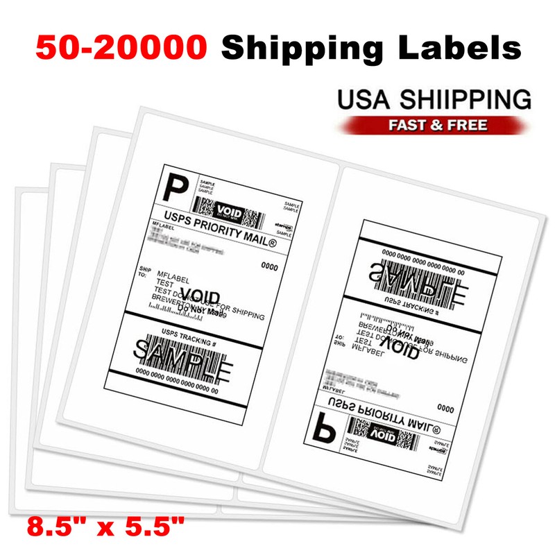 50-20000 Shipping Address Labels 8.5×5.5 Half Sheets Self Adhesive 2 Per Sheet