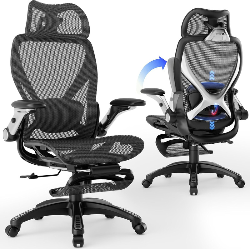 Ergonomic Office Chair with Footrest Adjustable Lumbar Support Flip Up Arms Mesh