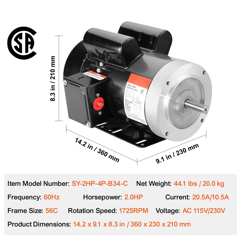 2HP Electric Motor 1725RPM AC 115V/230V 56C Frame 1-Phase 5/8" Keyed Shaft gallery