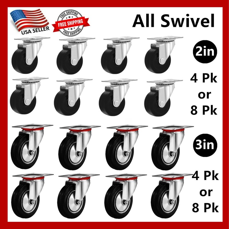 4-8 Pk of 2″ & 3″ Swivel Caster Wheels Rubber Base Top Plate Bearing Heavy Duty