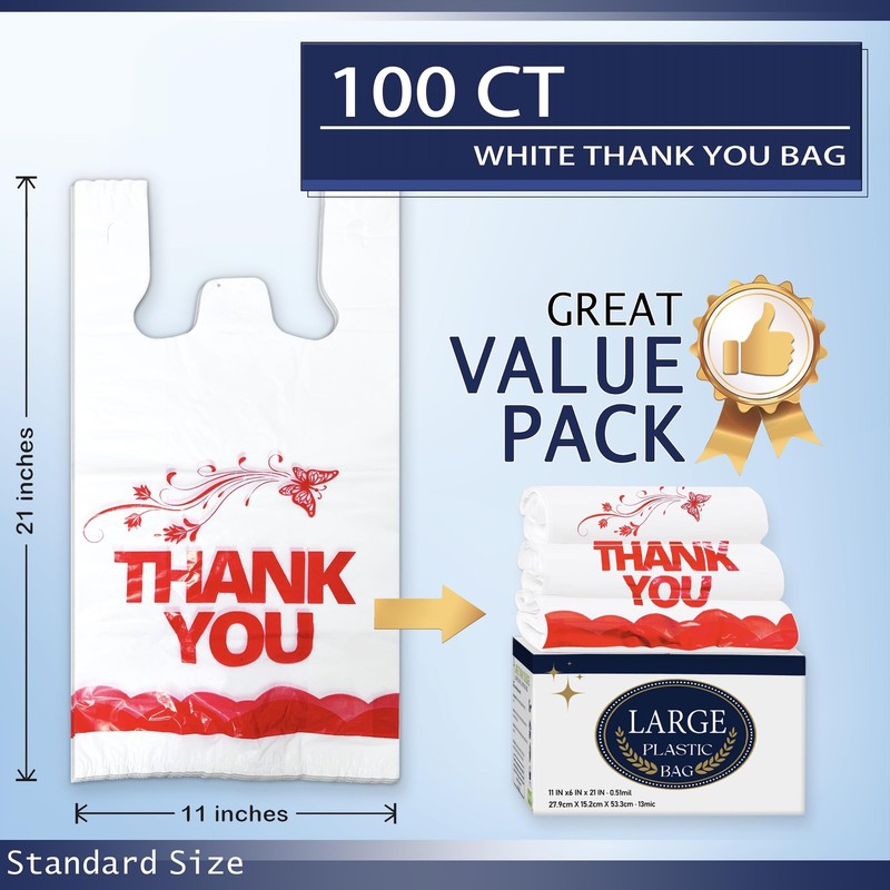 100 Pcs White Thank You Bags T Shirt Bags To Go Grocery Reusable Disposable gallery