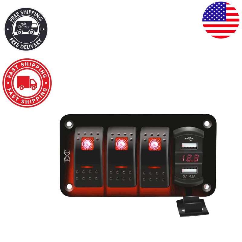 3 Gang Rocker Switch with Dual USB & Integrated Voltmeter for Marine & Vehicles