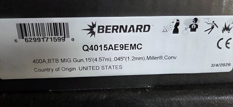 New Bernard 400 Amp 15 Ft BTB MIG Gun .045 wire W/ Miller Connection Q4015AE9EMC