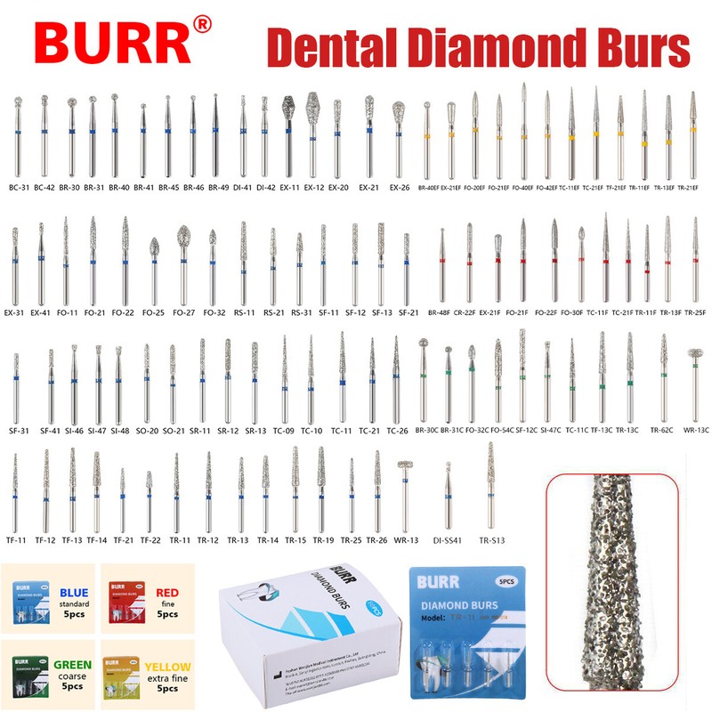 50pcs Dental Diamond Burs FG Round End Taper Pear Football Fine Coarse Grit gallery