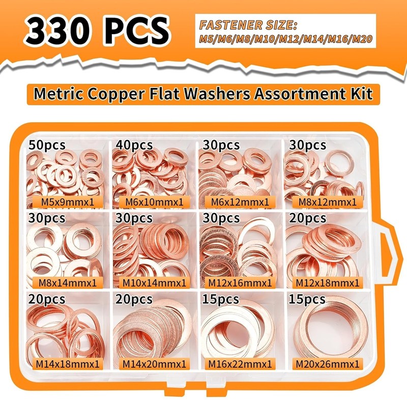 330PCS Copper Crush Washer Assortment Kit M5-M20 Metric Copper Sealing Washers f gallery