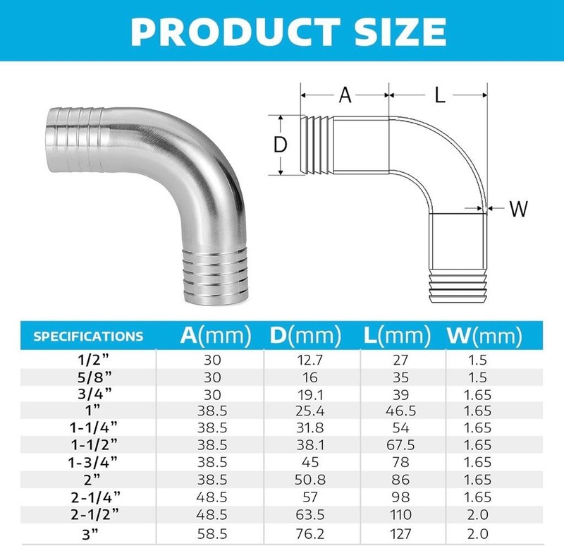 Stainless Steel Sanitary 90 Degree Elbow Fitting 1.25" Barbed x 1.25" Barb C642 gallery