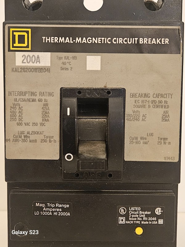 SQUARE D KAL26200WB8041 2-POLE 200 AMP THERMAL MAGNETIC MAIN CIRCUIT BREAKER