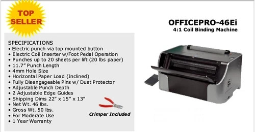 Tamerica OFFICEPRO-46Ei 4:1 Coil Binding Machine DIY Ships Free
