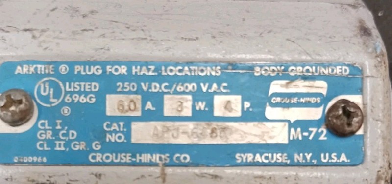 Crouse-Hinds APJ6485 Explosion Proof Male Plug 60A 600V 3W 4P (L-62) gallery