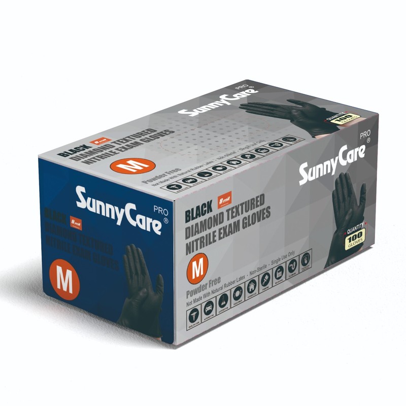 100 SunnyCare® 8Mil Black Diamond Textured Nitrile Exam Gloves Powder Free – M