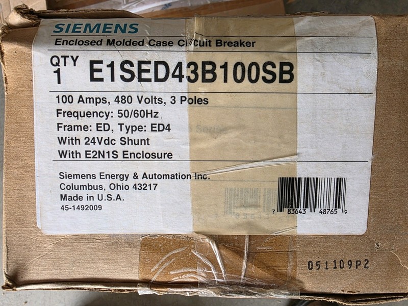 New Eaton E1SED43B100SB 100A 480V 3 Pole Circuit Breaker w/ 24 Volt Shunt Trip