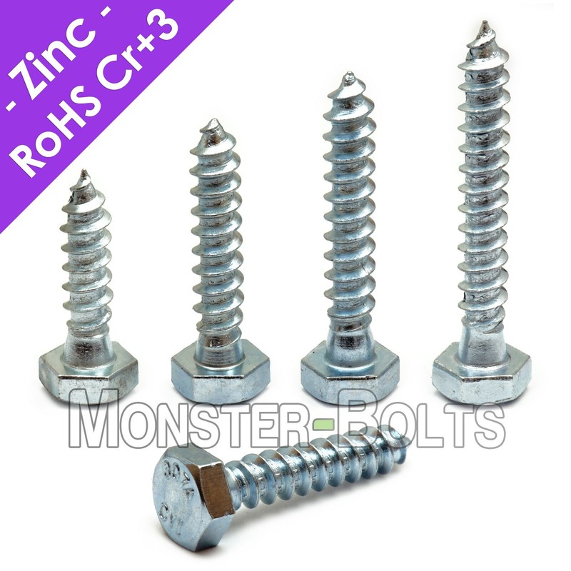 1/4″ Hex Lag Screws / Lag Bolts, Zinc Plated steel CR+3 RoHS (aka Coach Screw)