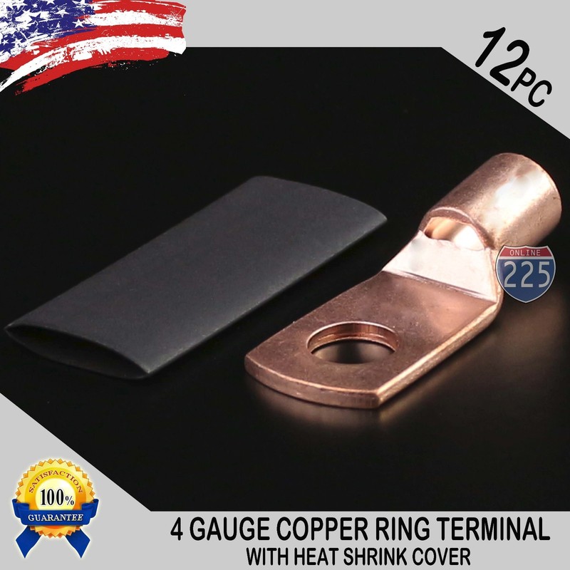 12 PCS 4 AWG 4 GA. Copper Ring Terminal Heat Shrink 5/16″ Hole Lug Connector US