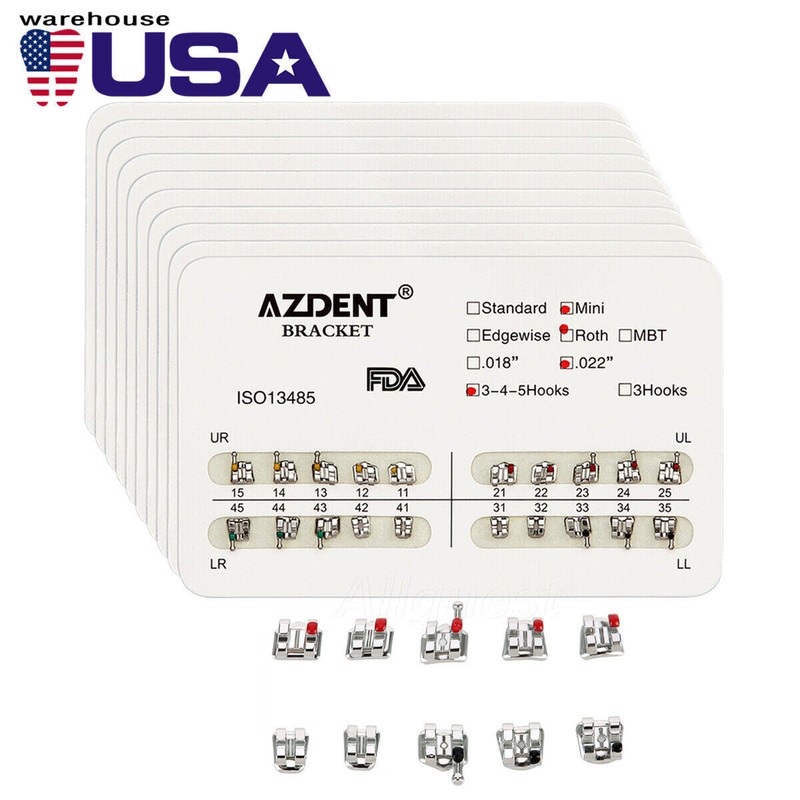 10 Packs AZDENT Dental Metal Brackets Mini/Standard MBT/Roth 022/018 Hooks 3/345