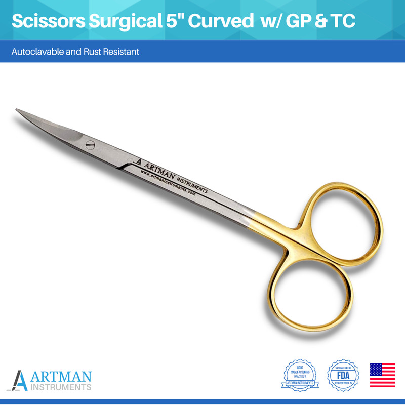Scissors Surgical 5″ Curved Gold Plated Handle Tungsten Carbide ARTMAN