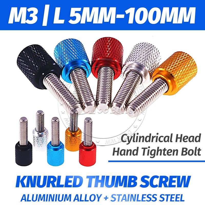 M3 Knurled Thumb Screw Cylindrical Head Hand Tighten Bolt Length 5mm-100mm