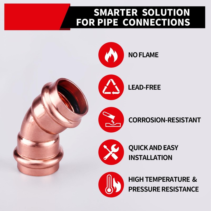 ROGVOC Copper Press Fitting 45 Degree Elbow Fittings, 5-Pcs 1 x 1 inch Heavy gallery