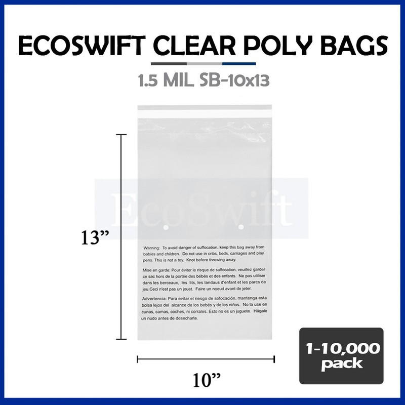 1-10000 10×13 EcoSwift Self Seal Suffocation Warning Clear Poly Bags Free Ship