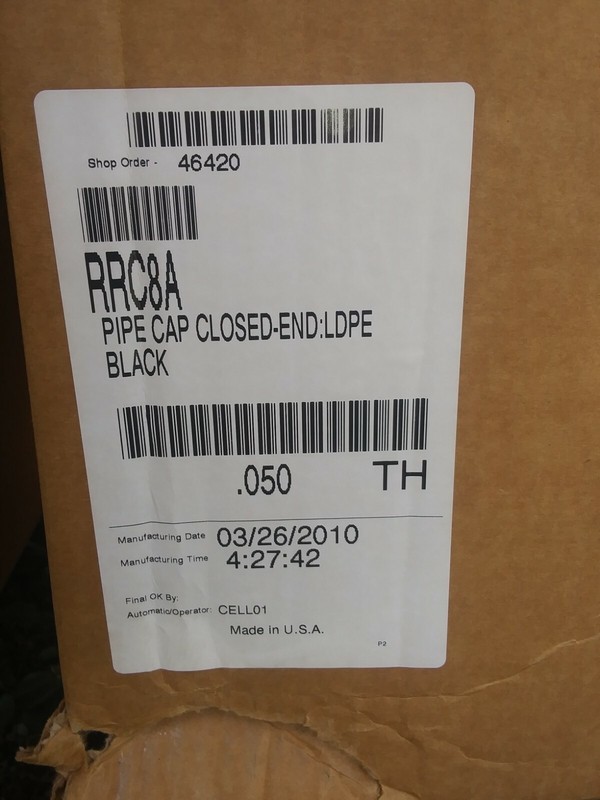 ALLIANCE PLASTICS CLOSED END PIPE CAP RRC-6, -8, -10, -12, NPT, LDPE BLK (qty-2) gallery
