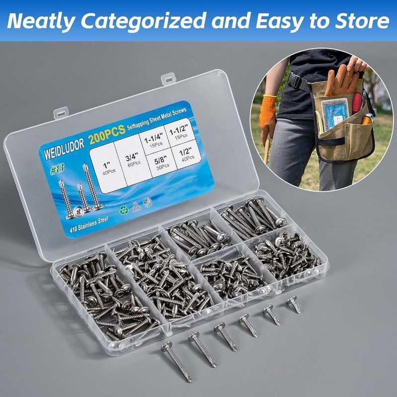 200PCS Sheet Metal Self-Drilling Screws Assortment Kit - #8 Truss Head Stainless gallery