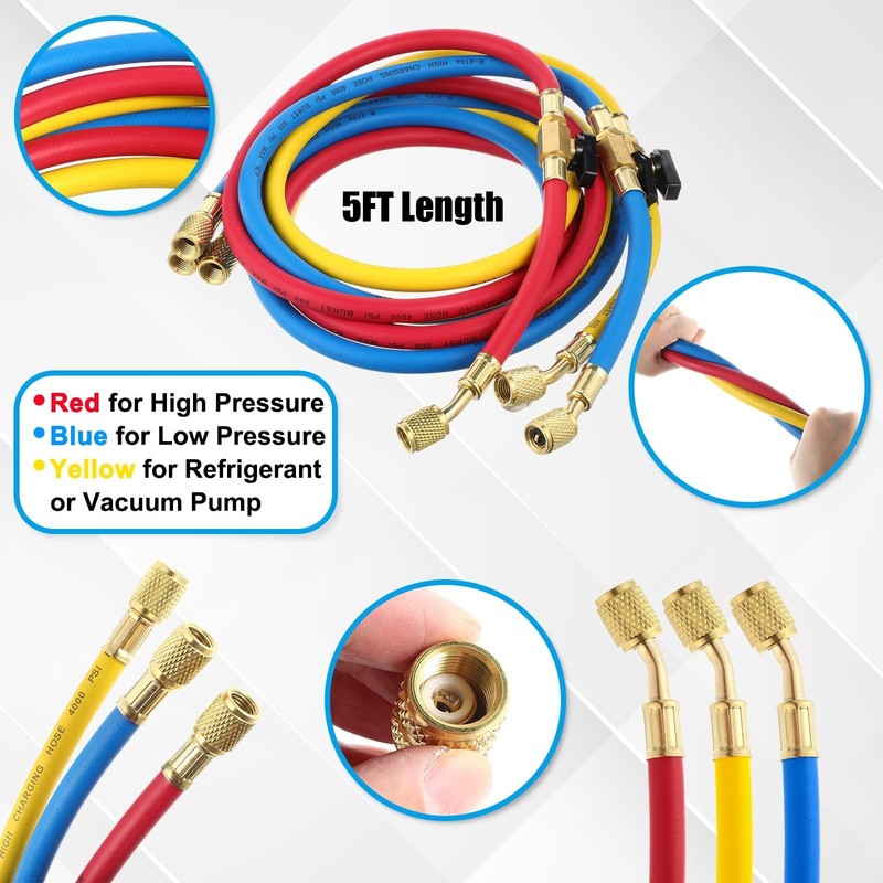 12 Pcs 5FT AC Manifold Gauge Hose Set with Self-Sealing Can Taps & Adapters gallery