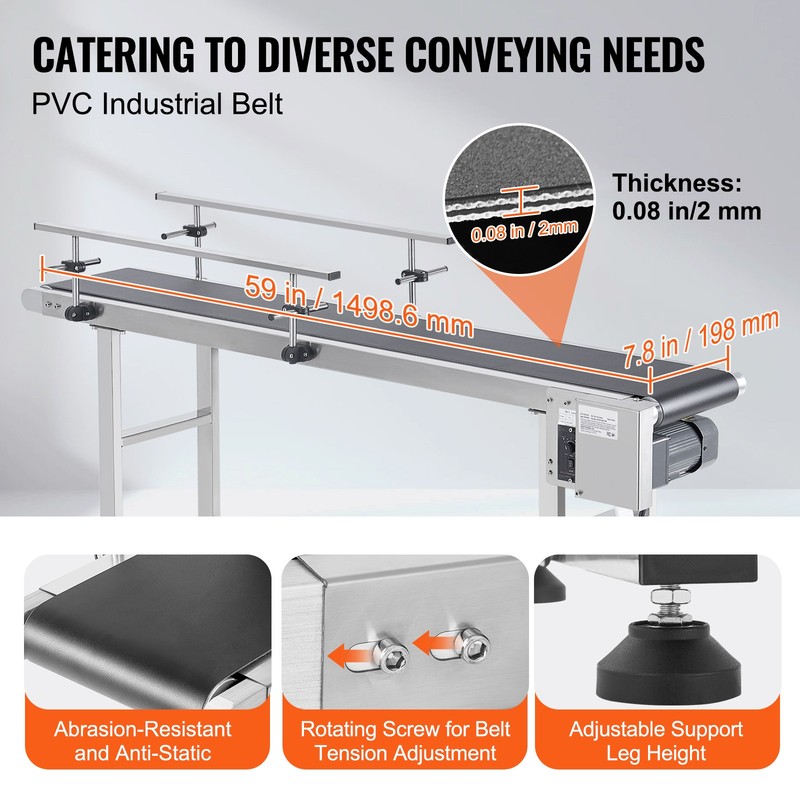 VEVOR Belt Conveyor PVC Stainless Steel Belt Conveyor 59"x7.8" Double Guardrail gallery