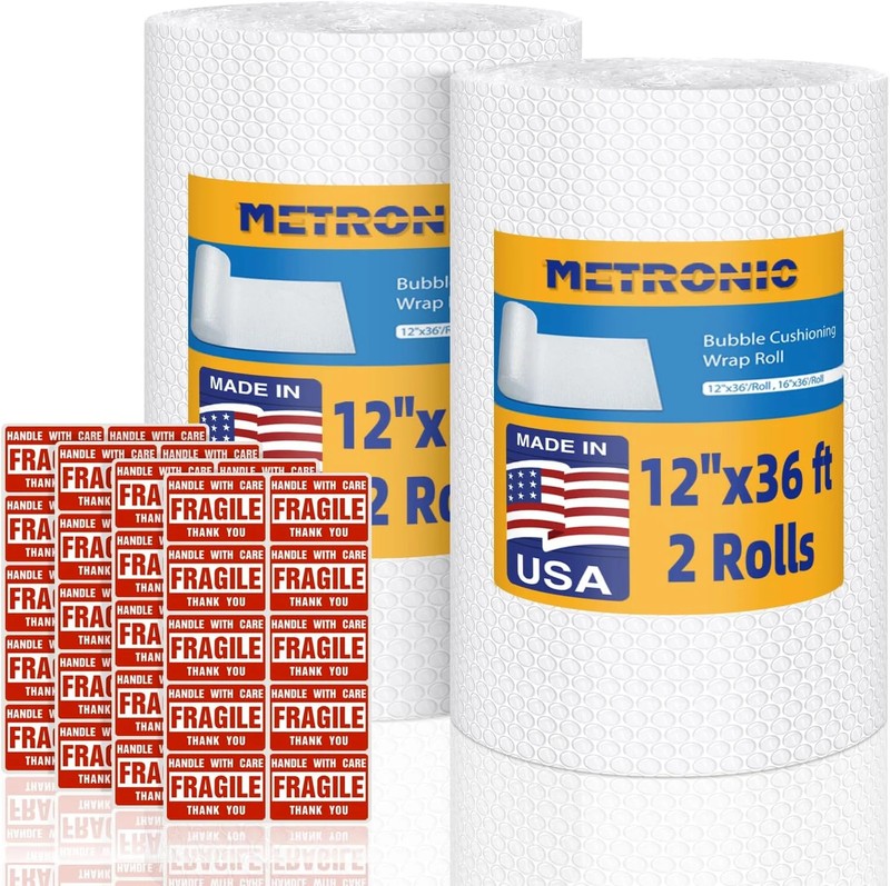 Metronic Bubble Cushioning Wrap 2 Pack 12 Inch x 72ft Total, Dense Bubble Packin