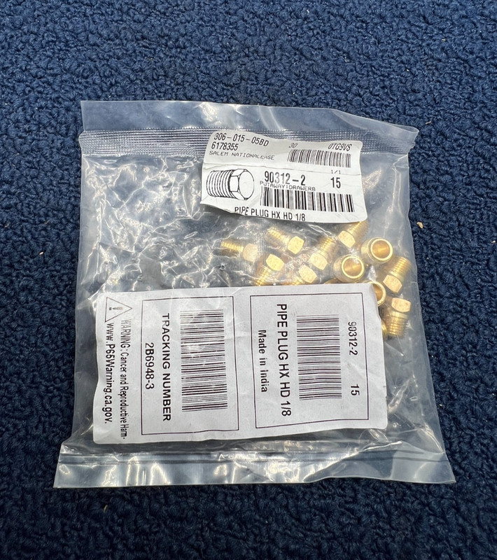 (QTY 15) 90312: 1/8 in. Brass Hex Pipe Plug, 7/16 in. Hex Head Size
