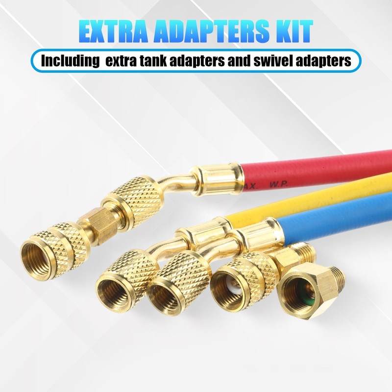 12 Pcs 5FT AC Manifold Gauge Hose Set with Self-Sealing Can Taps & Adapters gallery