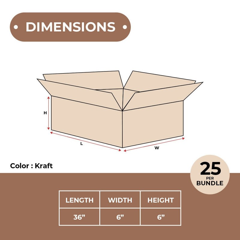 36 x 6 x 6" ECT-32 25 Pack Kraft Corrugated Boxes gallery