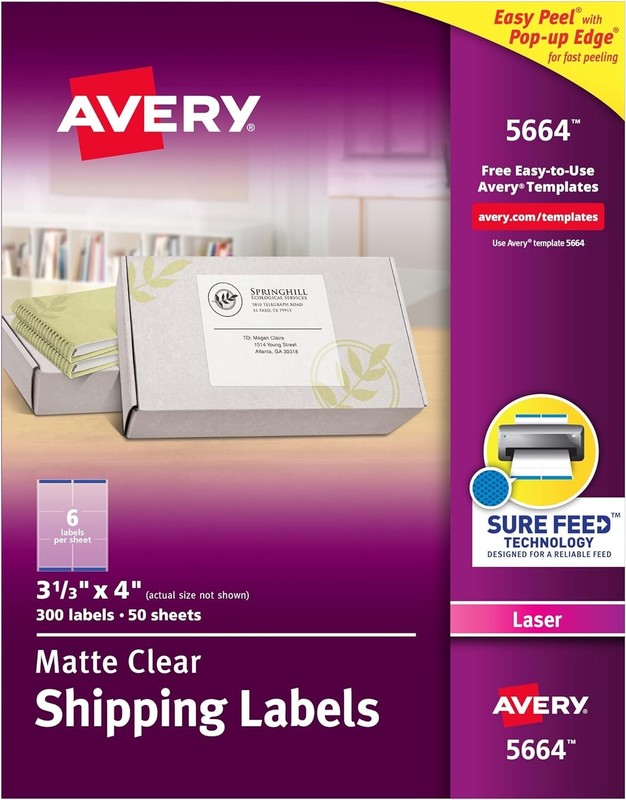 Avery 5664 Matte Clear Address Shipping Label Laser Printer 3-1/3″x4″ 300 Labels
