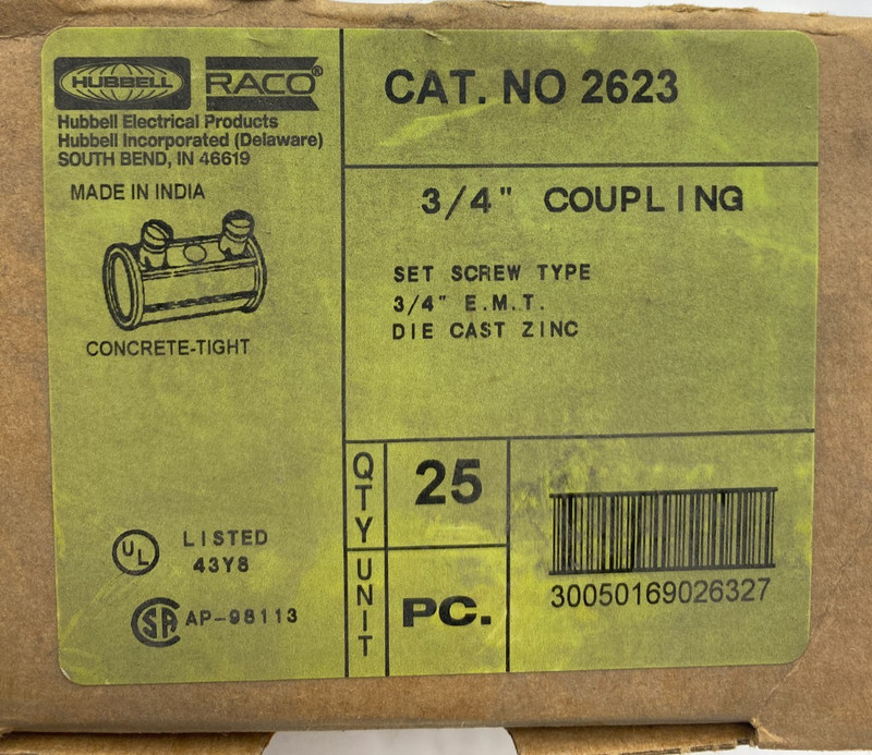 PACK OF 25 HUBBELL RACO 2623 SET SCREW COUPLING 3/4″ EMT DIE CAST ZINC