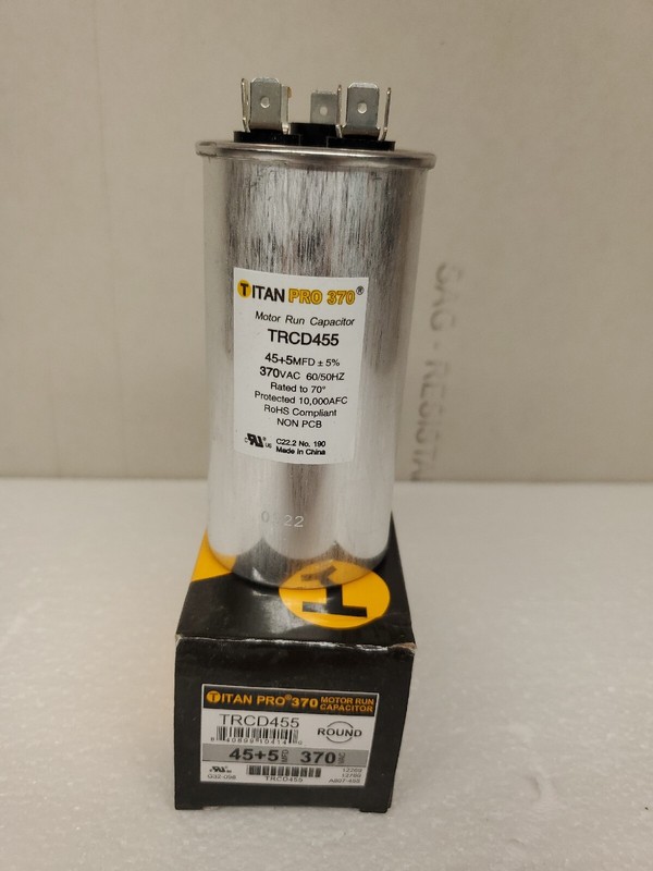45+5 MFD TITAN PRO 370 TRCD455 HVAC Round Motor Run Capacitor 45/5 MFD 370VAC