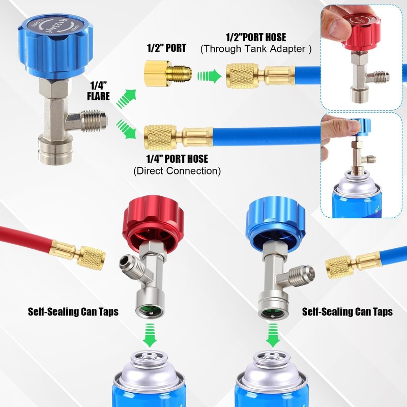 12 Pcs 5FT AC Manifold Gauge Hose Set with Self-Sealing Can Taps & Adapters gallery