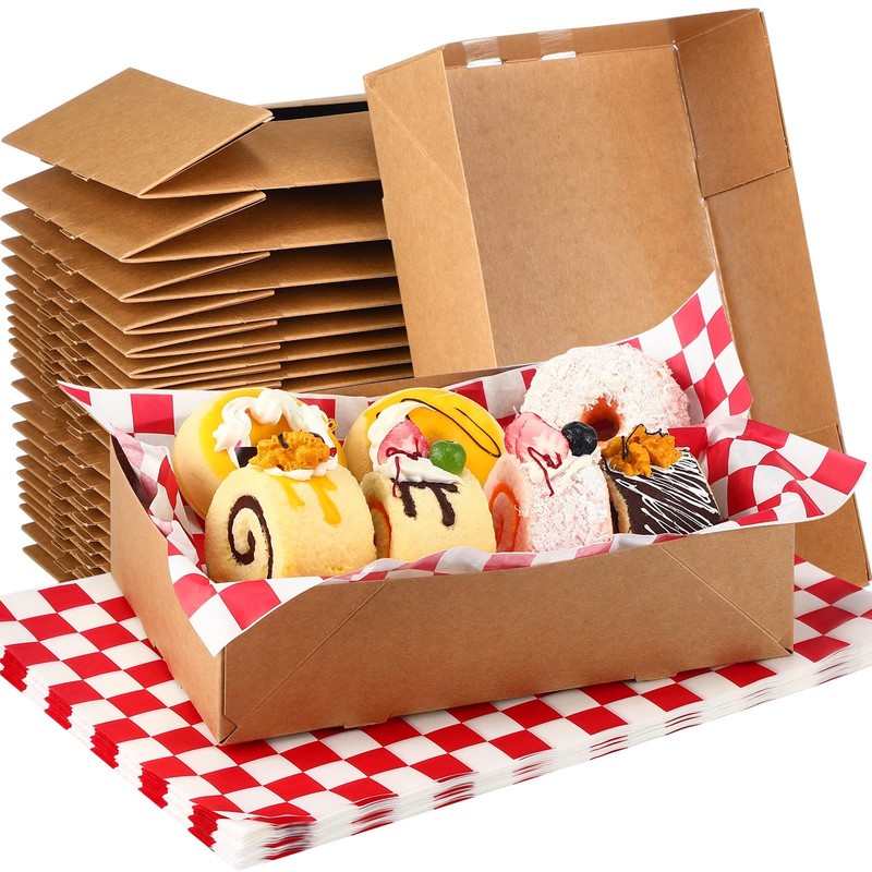50 Set Kraft Food Tray with Checkered Wrapping Brown Greaseproof 4 Corner Pop…