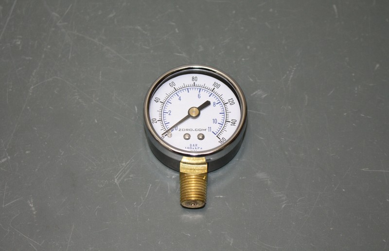 (5) Pressure Gauge 59JM08, 2" Dial, 0 to 160 PSI, 0-11 kPa, 1/4" NPT Brass, Test gallery