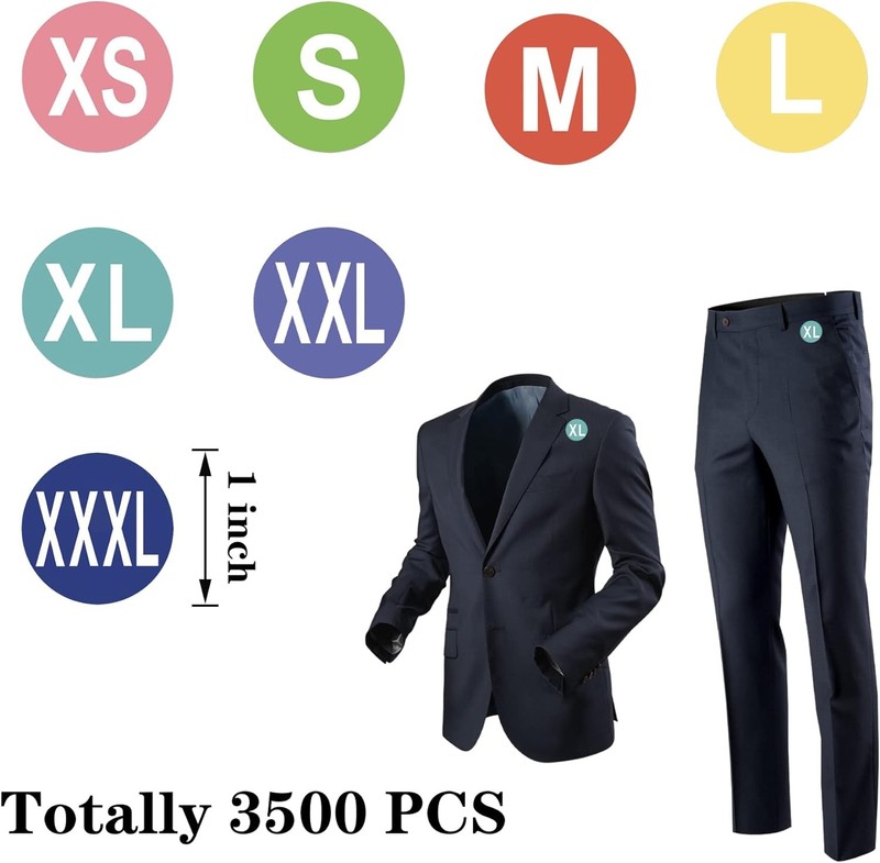 3500 PCS Clothing Size Stickers XS, S, M, L, XL, XXL, XXXL, Multi Color gallery