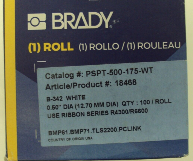 BRADY LABEL ROLL P/N: PSPT-500-175-WT 1/2IN DIA 100 LABELS WHITE Y4136612