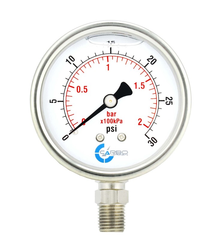 2-1/2″ Pressure Gauge, Stainless Steel Case, Liquid Filled, Lower Mnt 0-30 PSI