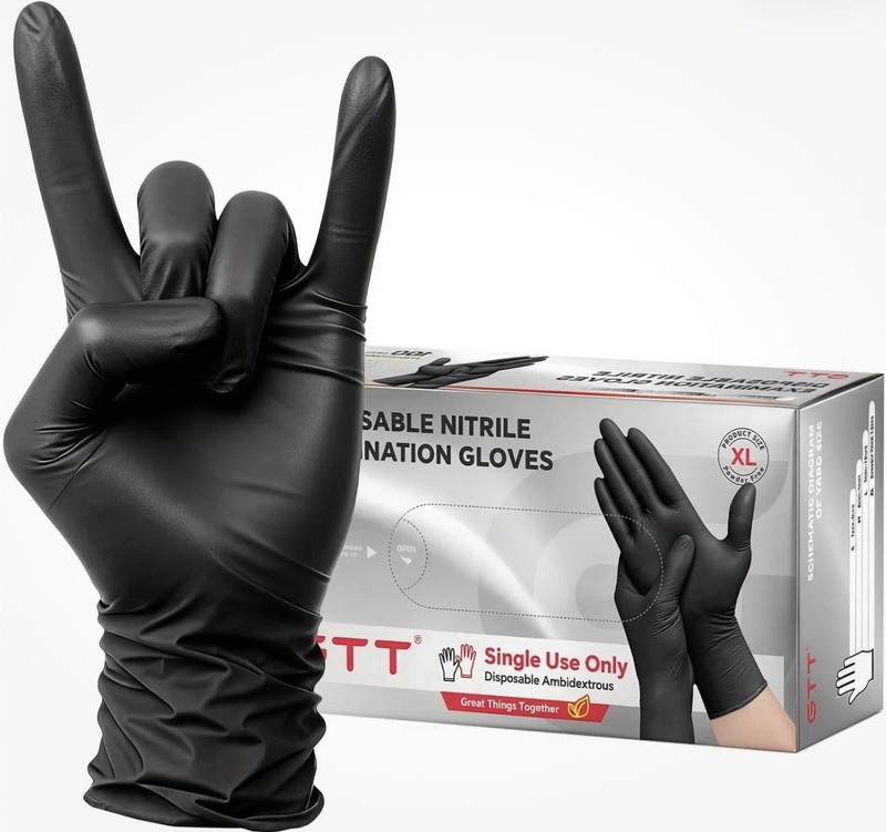 2 Packs, 100 Count, GTT Black Nitrile Disposable Gloves, 6 Mil Powder-Free; XL